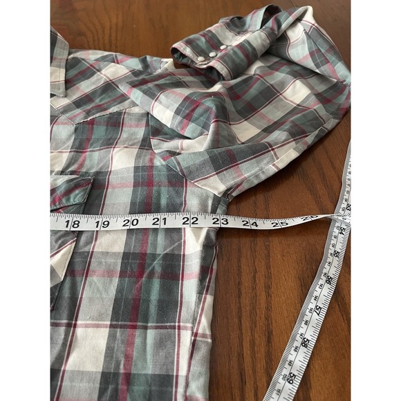 vintage Western Frontier Mens‎ Large Pearl Snap Long Sleeve Plaid Maroon Gray - Picture 4 of 8